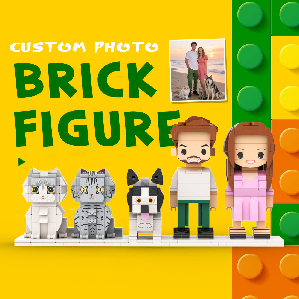 Custom Full-Body Cute Brick Figures of 2 People, 1 Dog & 2 Cats