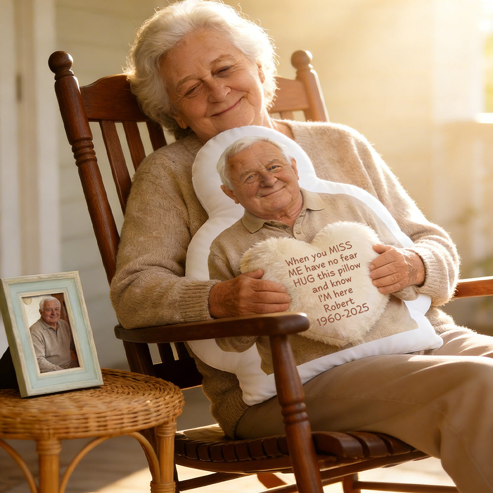 Personalized 3D memorial hug pillow with custom photo and heart message, sympathy gift for loss and remembrance.