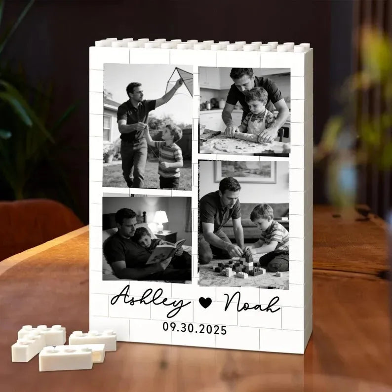 MadeMine personalized photo brick puzzle frame for Father's Day with a photo of a father and child, perfect for gift-giving.