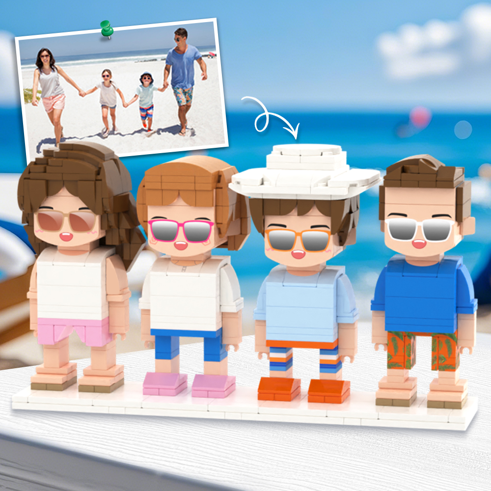 Customizable Fully Body Brick Figures by MadeMine featuring 1-4 people, personalized Lego-style characters on a white background.