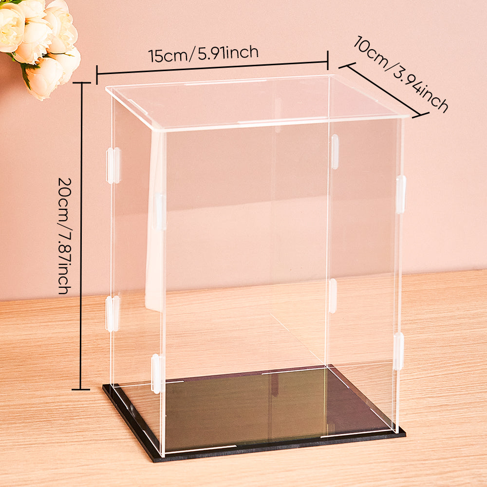 MadeMine acrylic display case for 2 brick figures, dustproof and transparent, showcasing collectible miniatures securely.