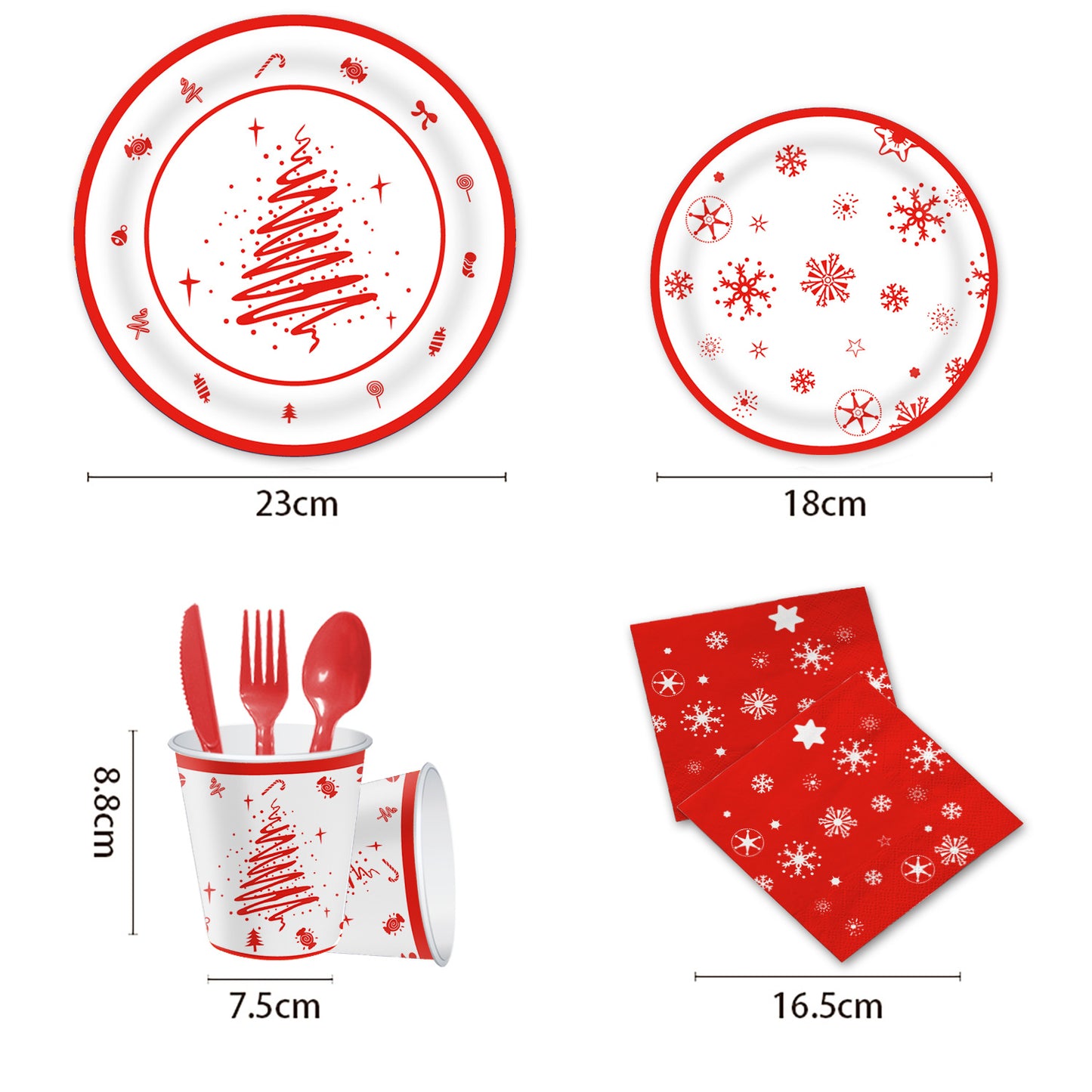 Juego de vajilla desechable navideña de 114 piezas. Vajilla navideña. Artículos para fiestas navideñas.