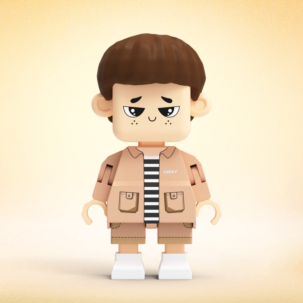 Fully customizable MadeMine giant minifig toy with full-body brick design, personalized for boys, shown in a playful pose.