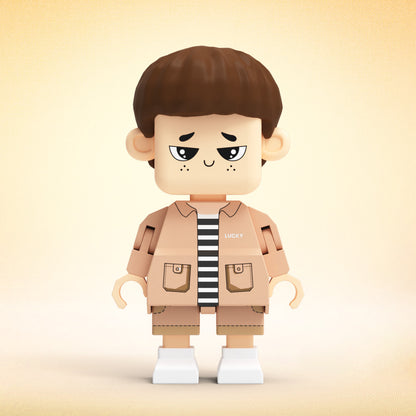 Fully customizable MadeMine giant minifig toy with full-body brick design, personalized for boys, shown in a playful pose.