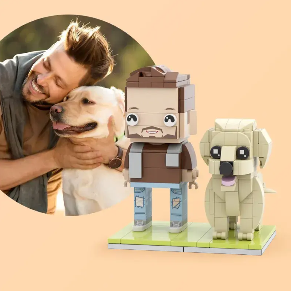 Persoonlijke volledige lichaams-bouwstenen met hond, MadeMine, kleurrijke gepersonaliseerde brick figures voor creatieve decoratie.