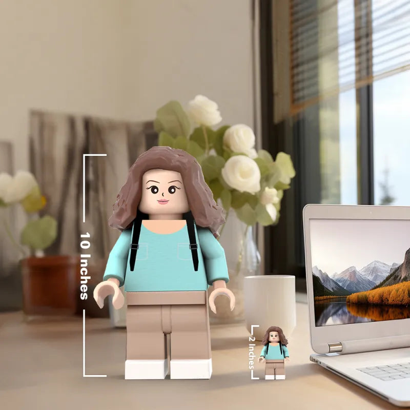 3D printed giant minifigs personalized with custom photo, made by MadeMine, showcasing the unique, large LEGO-style figurines.