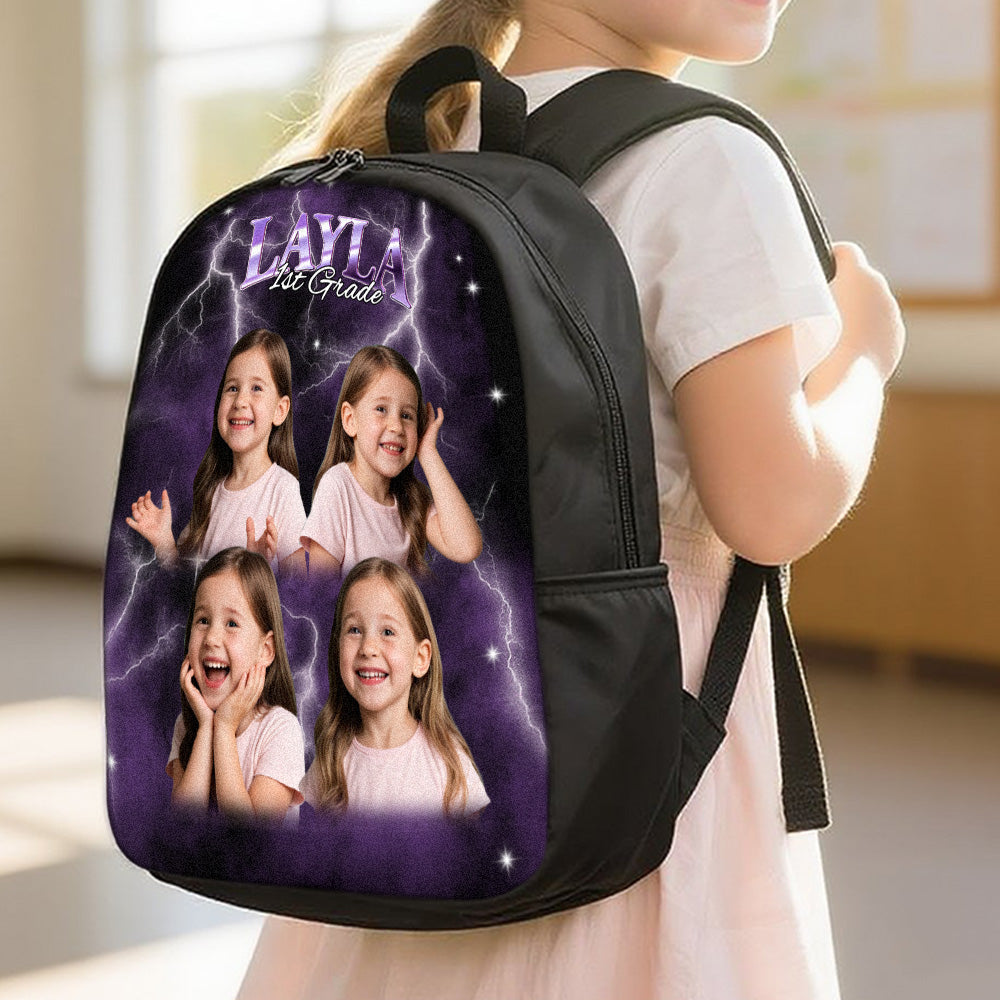 MadeMine custom photo and name lightning backpack with adjustable straps and multiple compartments for school use.