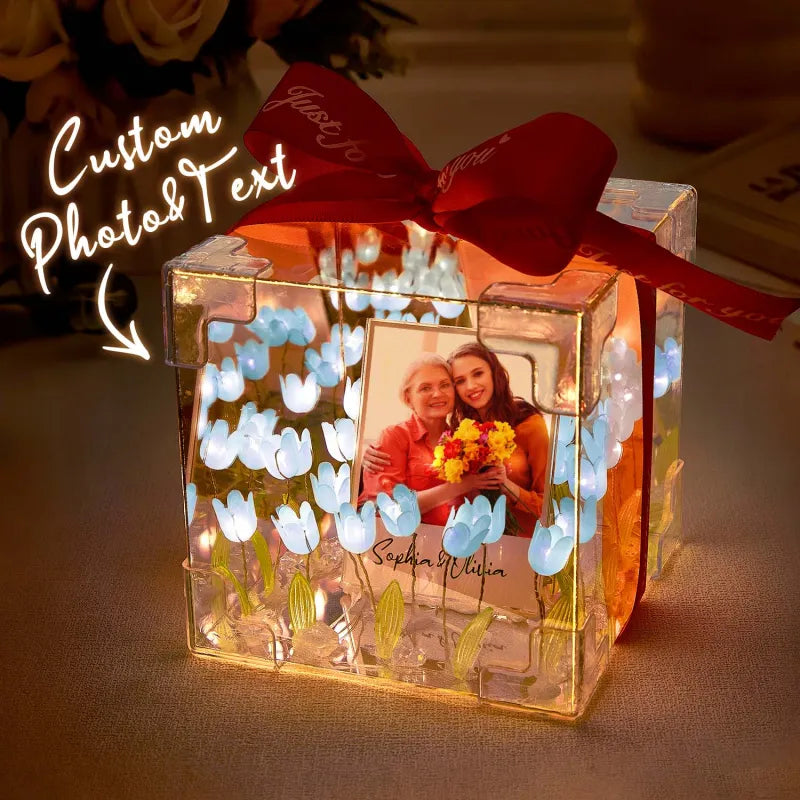 Custom photo tulip infinity mirror box by MadeMine with personalized light gift design, featuring a decorative floral display.