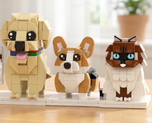 MadeMine custom full-body brick figures of two dogs and one cat, perfect personalized anniversary, birthday, or Christmas gift.