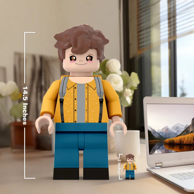 Custom 3D printed giant minifig with personalized photo, made by MadeMine, designed as a unique gift for son, detailed and colorful.