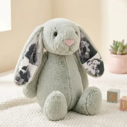 MadeMine custom photo bunny plush toy with hidden photo ear, a personalized plush gift for couples and anniversaries.