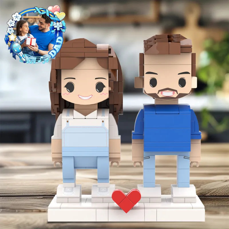 Customized MadeMine brick figures of dad and daughter building blocks with cute faces, fully body, for personalized gift sets.