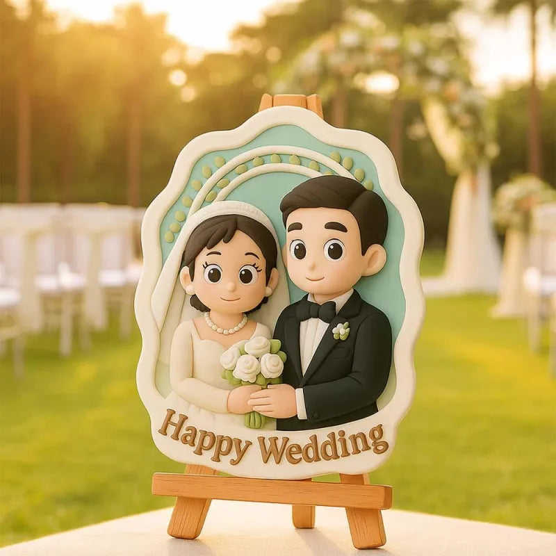 Custom 3D Wedding Figurine with Wooden Holder - Personalized Bride & Groom Gift - Mini Brick Custom