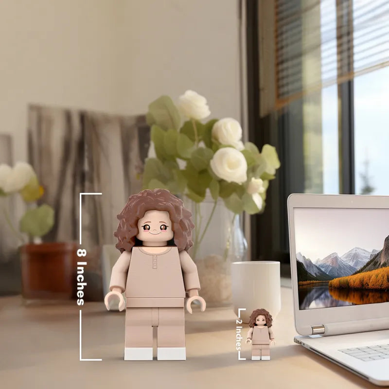 Custom 3D printed giant Minifig with personalized photo, made by MadeMine, showcasing the detailed minifig figure.