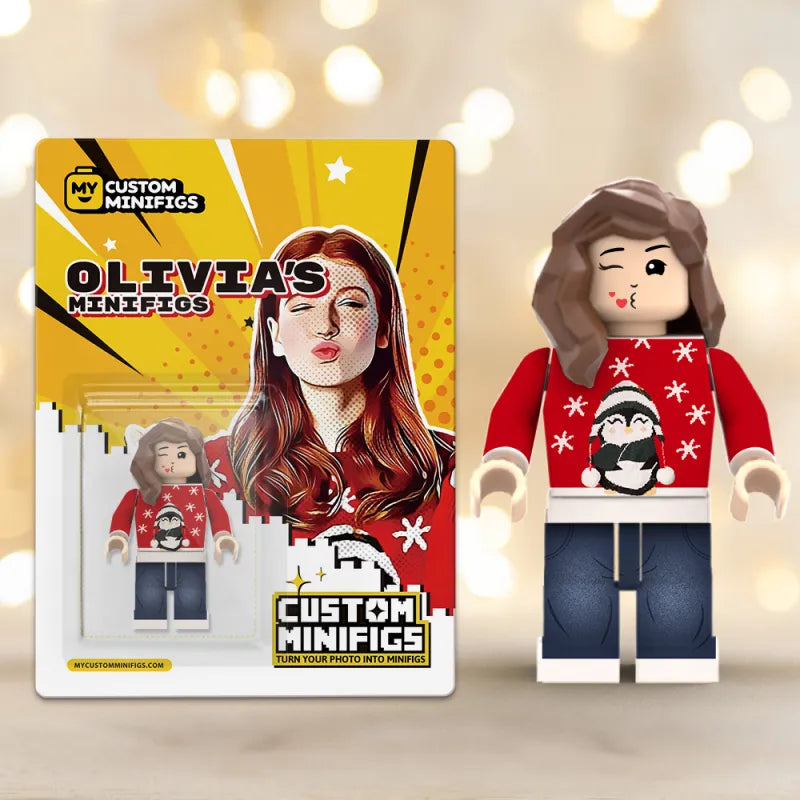Full body custom Minifigs personalized photo mini-figs by MadeMine, perfect Christmas gift, with detailed features and vibrant colors.