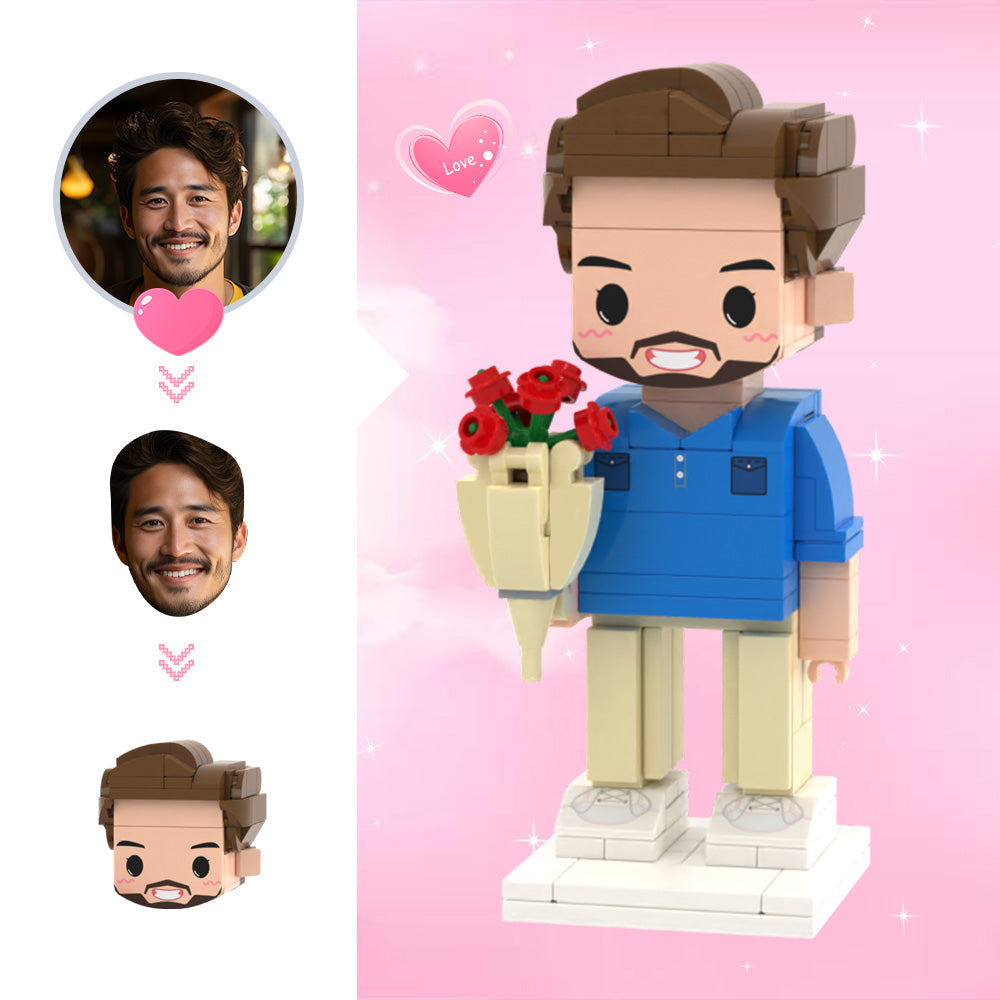 Custom Cute Head Brick Figures – 1 Person Man with Rose
