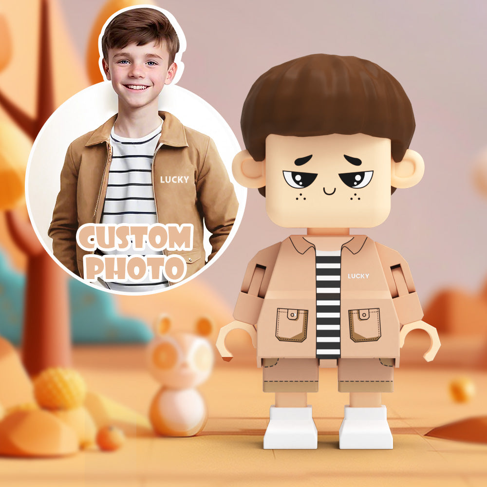 Customizable MadeMine giant minifig full-body brick figure for boys, featuring personalized details and vibrant colors.