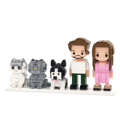 Custom Full-Body Cute Brick Figures of 2 People, 1 Dog & 2 Cats