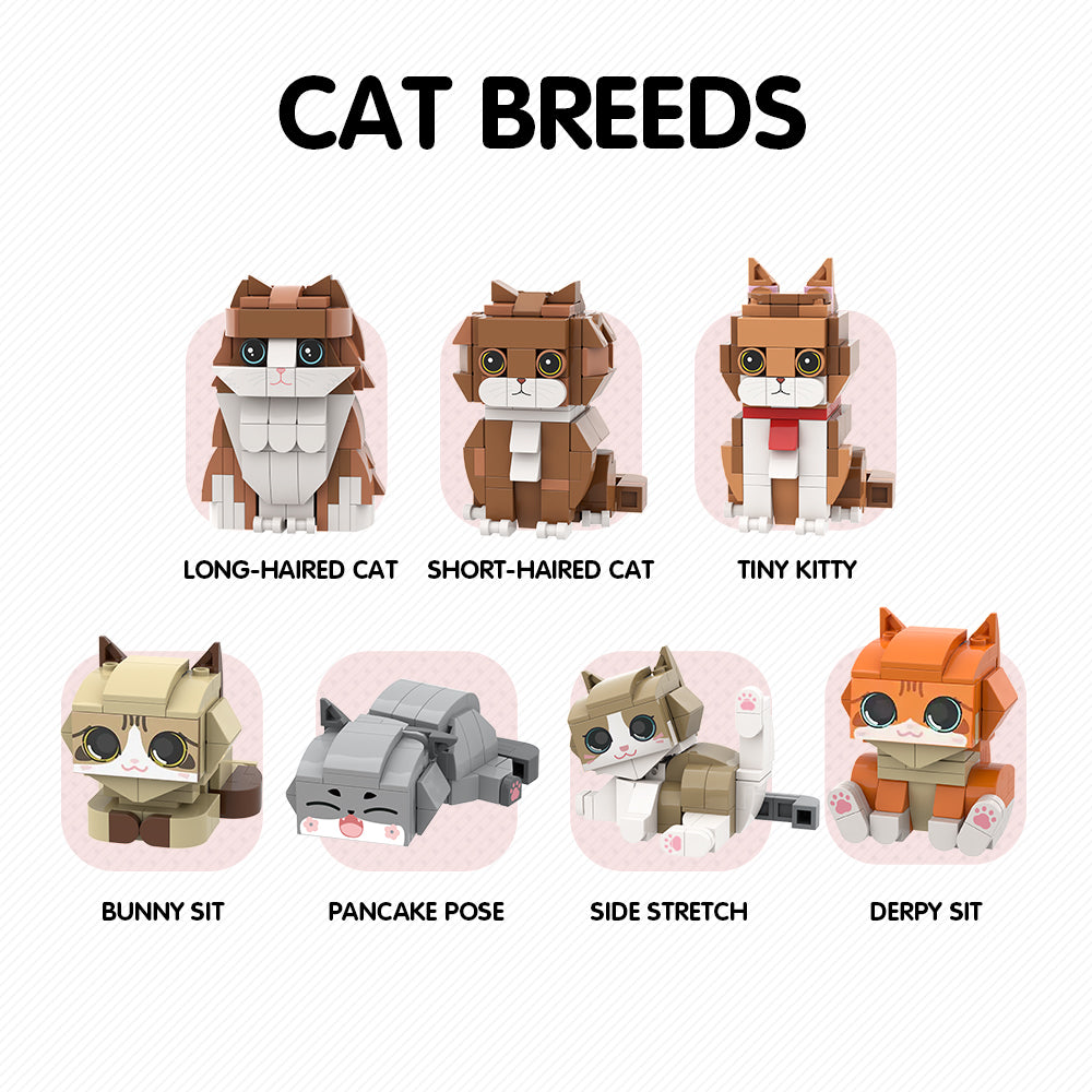 Persoonlijke volledige lichaams brick figuren van een familie met kat, gemaakt door MadeMine, geschikt als cadeau.