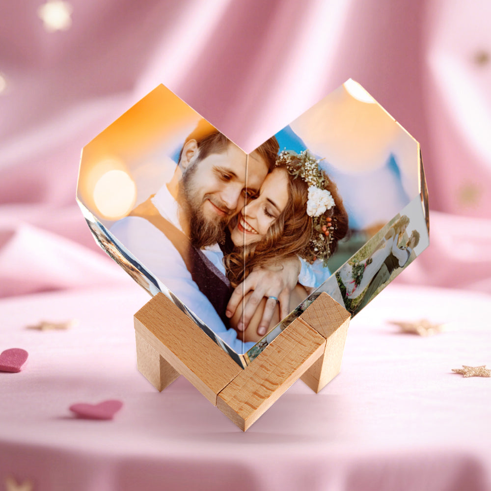 MadeMine personalized photo cube with wooden base, showcasing multiple customizable photos in an infinity folding design.