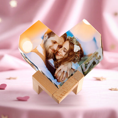 MadeMine personalized photo cube with wooden base, showcasing multiple customizable photos in an infinity folding design.