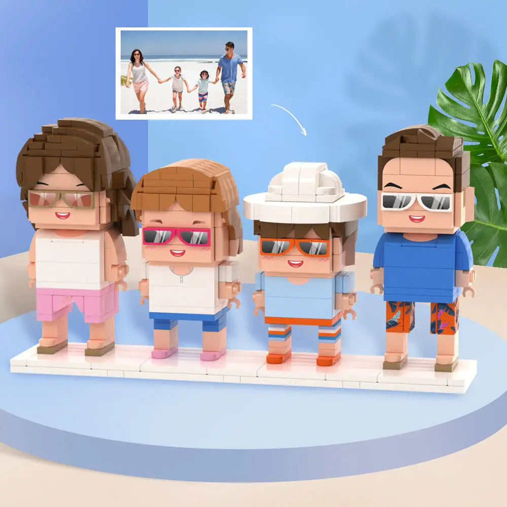 Gezinsfoto van vier personen op een gepersonaliseerd cadeau van MadeMine, in brick-editie.