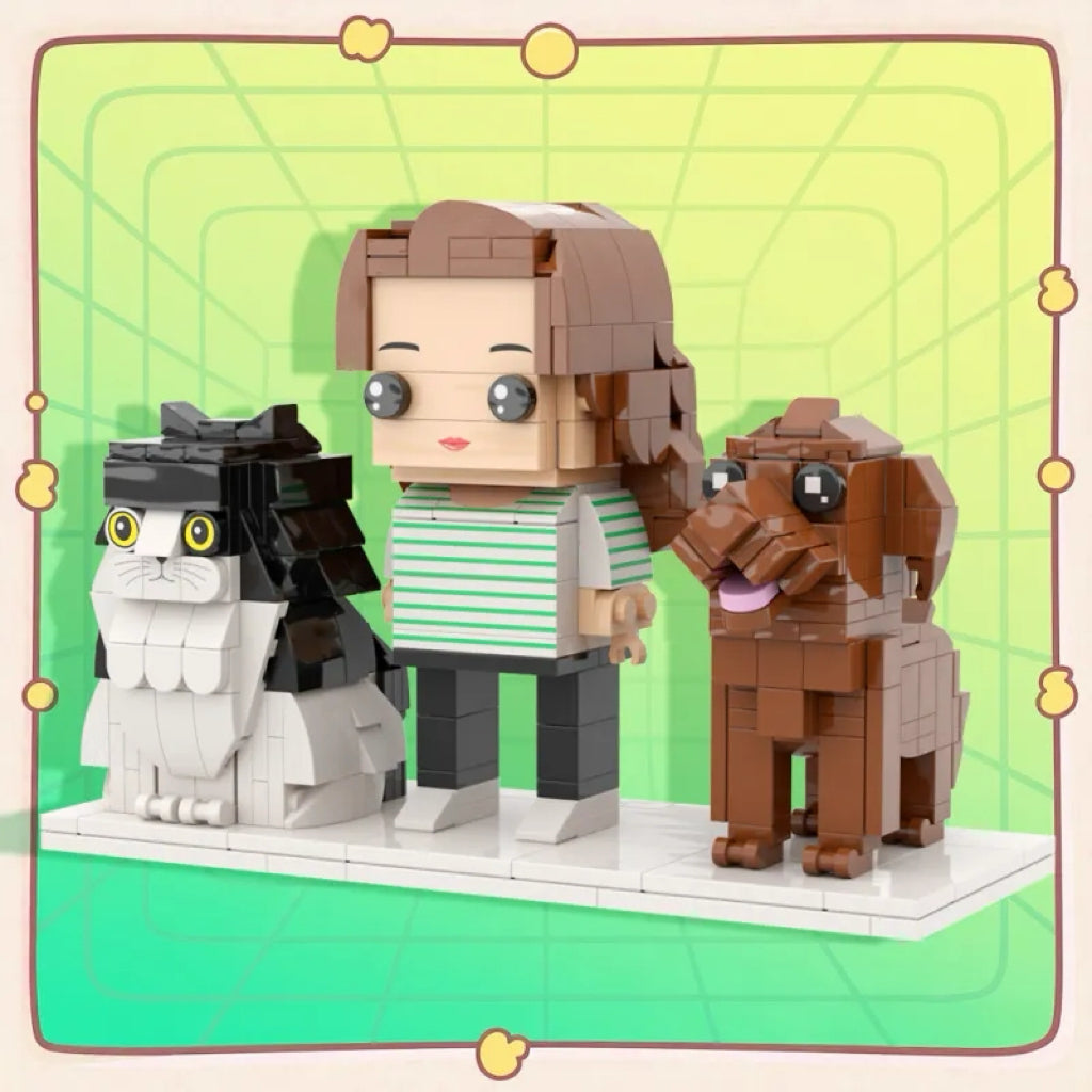 Custom MadeMine full-body brick figures of one person with a cute dog and cat, personalized birthday gift, detailed and colorful.