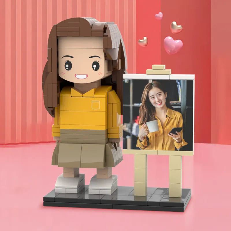 Mini Brick Custom Sweetheart Portret Set van MadeMine met gedetailleerde miniatuurpersoon en gepersonaliseerd gezichtsbeeld.