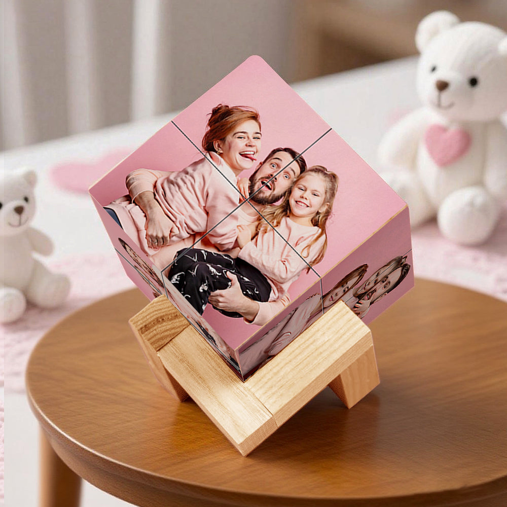MadeMine personalized photo cube with wooden base, infinity folding multiphoto display, perfect for custom Father's Day gifts.