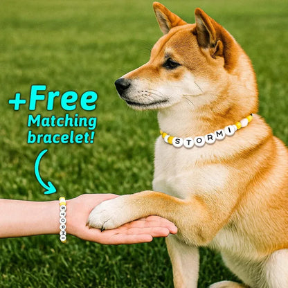 MadeMine personalized pet name necklace with matching bracelet set, featuring custom engraved pet names on silver jewelry.