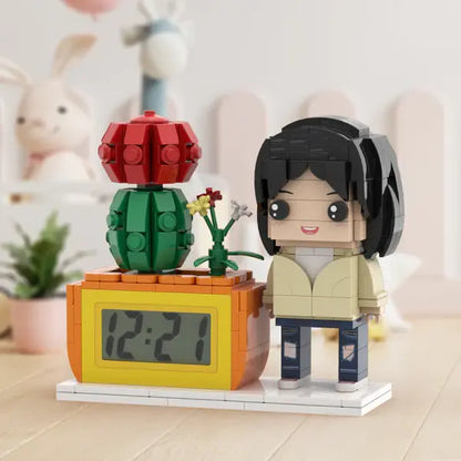 Custom Brick Figure Desk Clock with Plant – Personalized Brick Clock