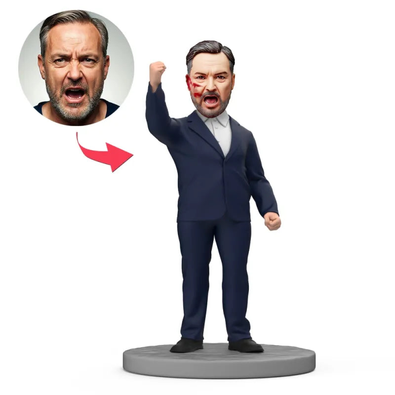 MadeMine Hero Raises Fist zwart pak bobblehead met gegraveerde tekst, gedetailleerde handgemaakte miniatuur van een krachtig figuur