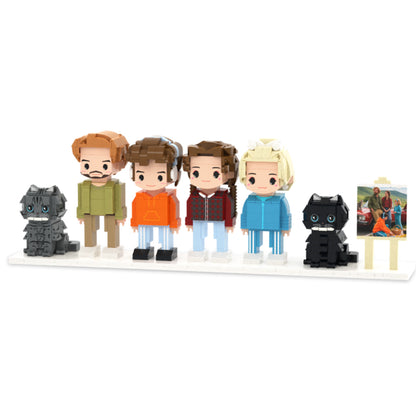 Full Body Custom Cute Brick Figures – 4 People & 2 Cats with Photo Frame