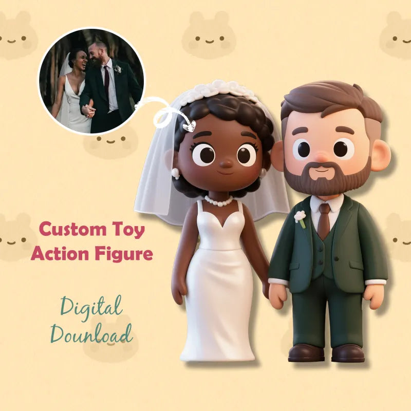 Custom 3D mini desk figure from your photo, made by MadeMine, featuring a personalized office figurine on a desk surface.