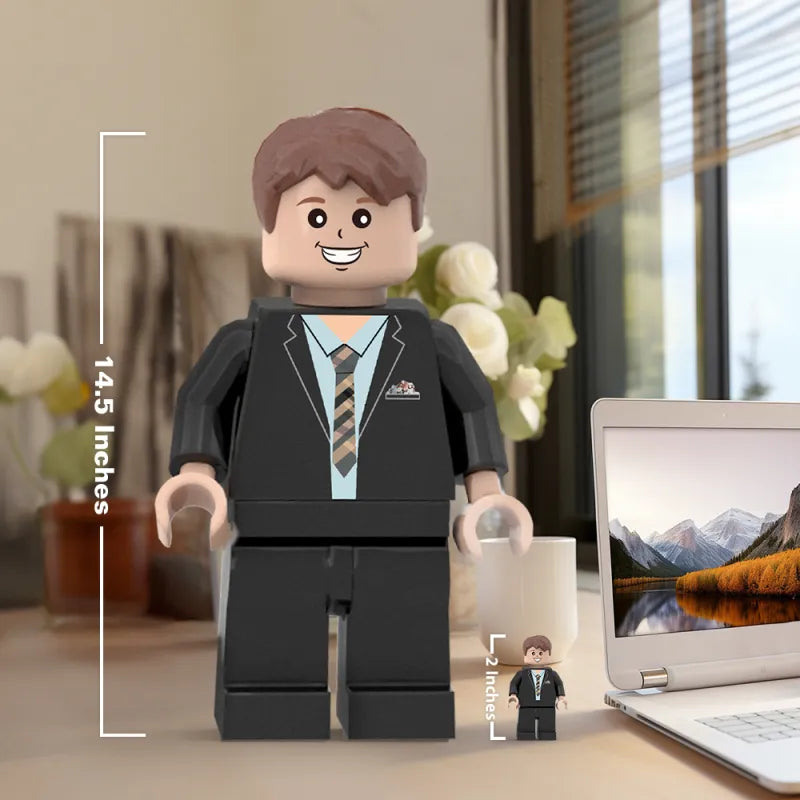 Custom giant Minifigs by MadeMine, personalized with your photo, featuring colorful, detailed 3D printed minifigure characters.