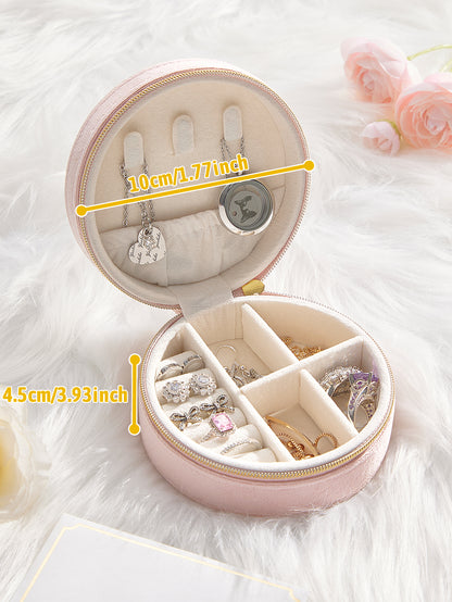 Custom Name Light Pink Velvet Round Jewelry Box