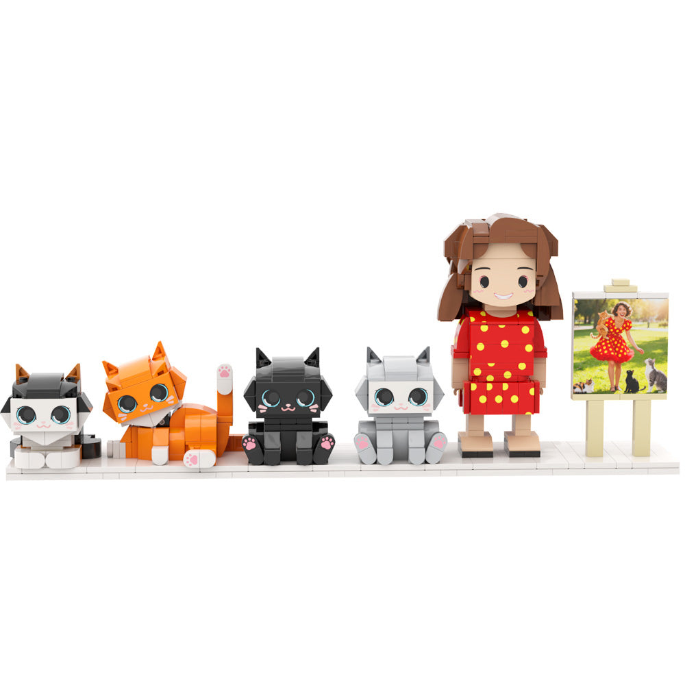 Custom Full-Body Cute Brick Figures – 1 Person & 4 Cats – With Photo Frame