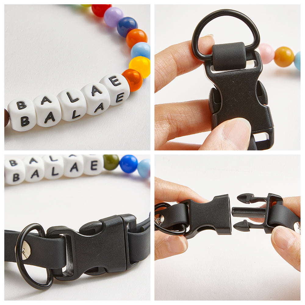 Colorful beaded dog collar with personalized name tag from MadeMine, featuring multicolor beads on a comfortable adjustable strap.