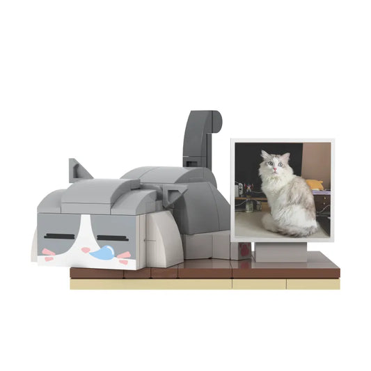 MadeMine kleurrijke huisdier brick figuur van een kat met foto, volledig aanpasbaar en in vaste houding, speelgoed voor dierenliefhebbers.