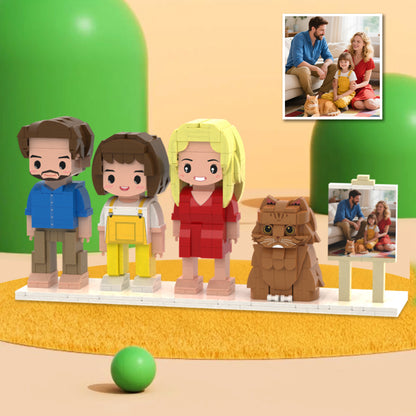 Custom Full-Body Cute Brick Figures – 3 People & 1 Cat – With Photo Frame