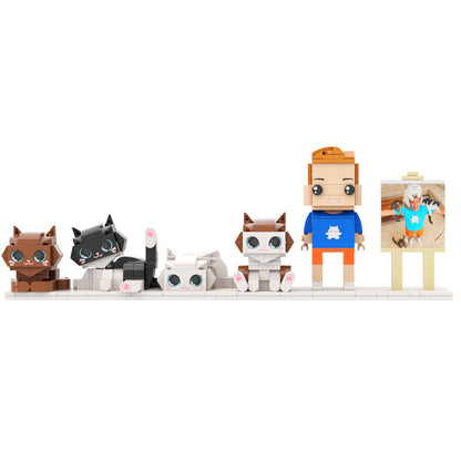 Custom Full-Body Brick Figures – 1 Person & 4 Cats – With Photo Frame