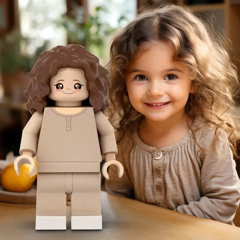 Custom 3D printed giant minifigs by MadeMine featuring personalized photo turnarounds, perfect for gifts for daughters.