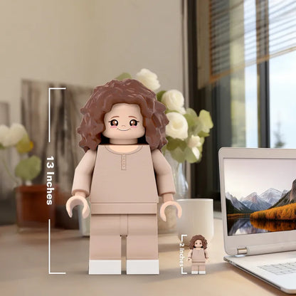 Custom 3D printed giant Minifigs from MadeMine, personalized with a photo, perfect gift for daughter, detailed and colorful.