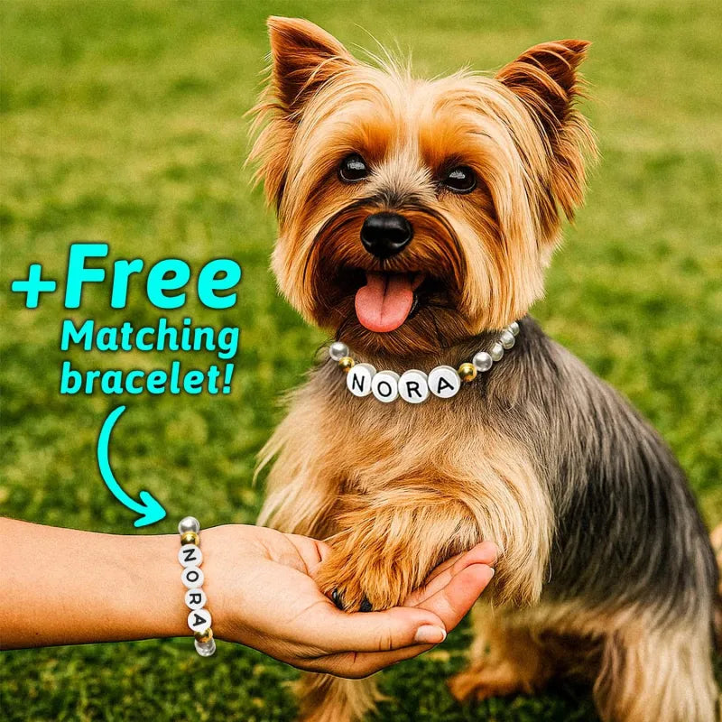 Personalized pet name necklace with matching bracelet by MadeMine, featuring custom engraved pet names on jewelry pieces.