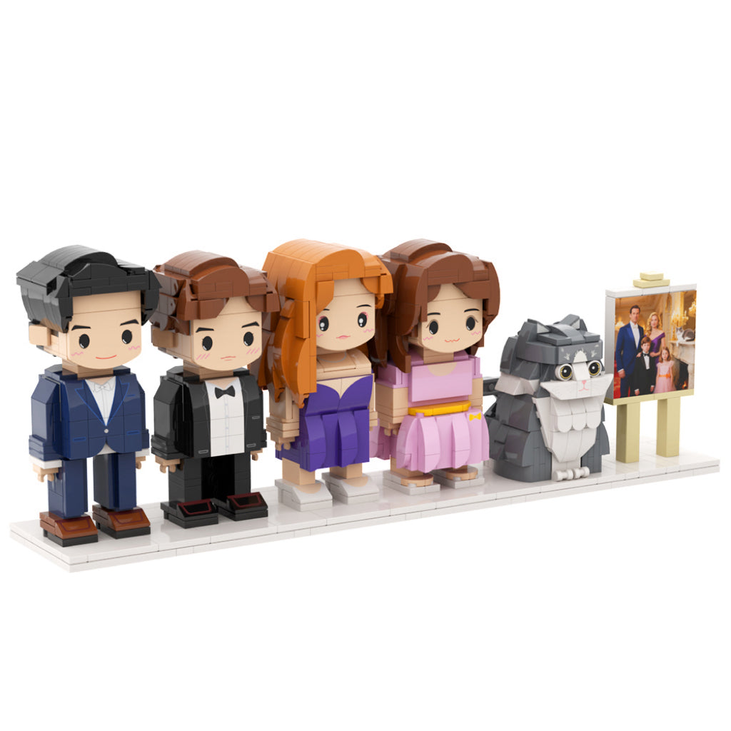 Cute Face – Full Body Brick Figures – 4 People & 1 Cat – Family Gift