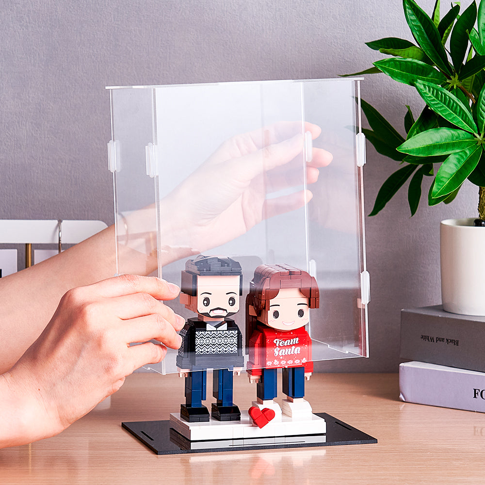 Acrylic display case for 2 brick figures by MadeMine, dustproof and clear with a sleek, protective design for showcasing collectibles.