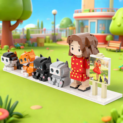 Custom Full-Body Cute Brick Figures – 1 Person & 4 Cats – With Photo Frame