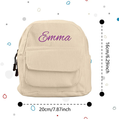 MadeMine personalized mini corduroy backpack with custom name, ideal for kids' school bag and back-to-school gift.