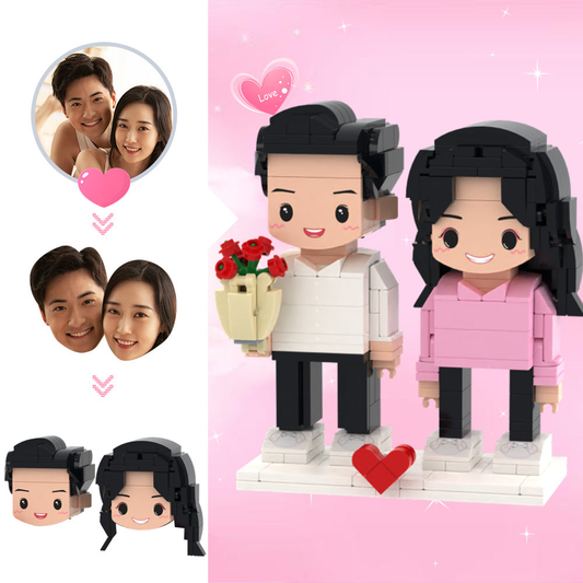 Cute custom 2-person brick figures with personalized heads made by MadeMine, showing detailed brick figures with custom facial features.