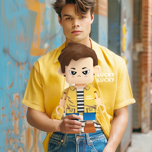 Colorful fully customizable giant Minifig full-body brick figure by MadeMine, ideal personalized gift for him.